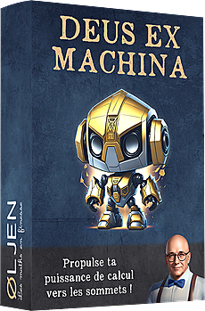 Coffret bleu nuit où un petit robot doré marqué du symbole pi se tient debout – Deus Ex Machina